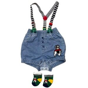 Vintage 90's Gymboree Rainbow Tag Newborn Bubble Denim Farm Cow Shorts Socks